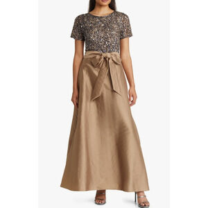Pisarro Nights Beaded Bodice Mixed Media Gown In Mocha Size 12